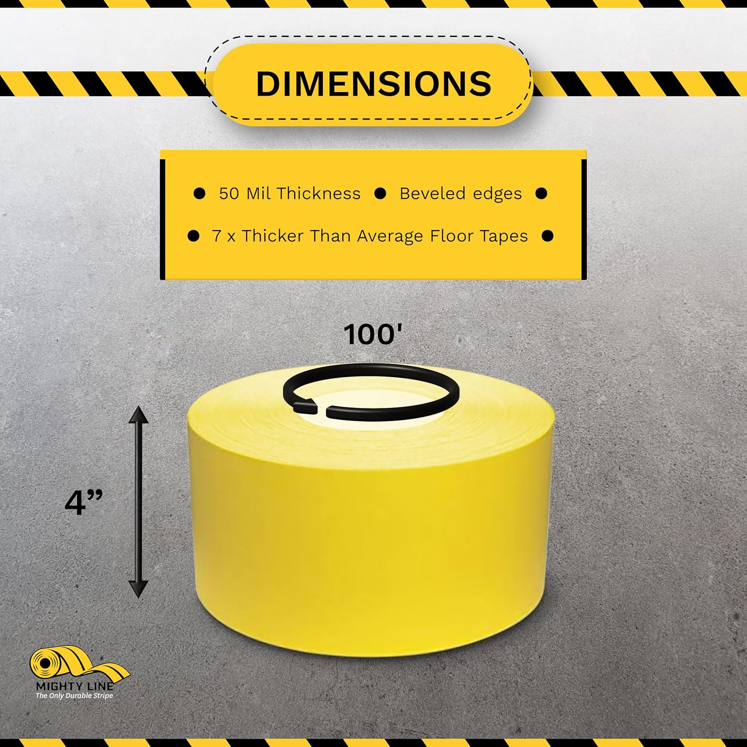 Mighty Line UltraLine Solid Floor Marking Tape for Safety, Caution, Warning, Heavy-Duty, Peel and Stick Adhesive, Beveled Edge Design, Industrial Quality, 4 Inch, 100' Roll, Yellow