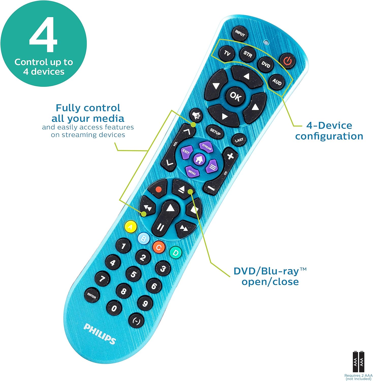 Philips Universal Remote Control, Universal TV Remote Replacement, Samsung TV Remote Control, for Roku Remote Replacement, Vizio, LG, Sony, 4 Device, Blue, SRP4229B/27
