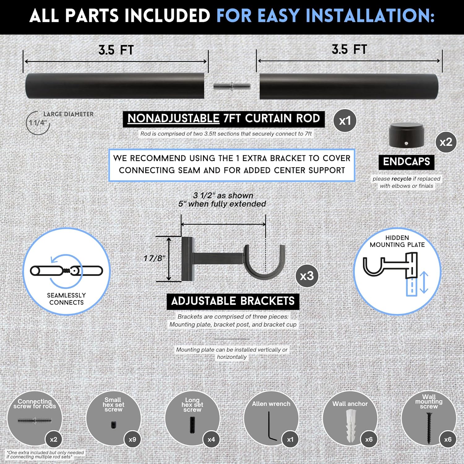 BlastHome® Non-Adjustable Luxury Curtain Rods for Windows, 1 ¼” Rod Set, 7 foot Fixed Length (Two Rods Connect for a Seamless Look), Brushed Dark Brown