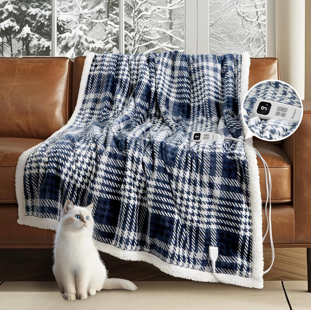 Heated Blanket Electric Throw-50''x60''Ultra Soft Cozy Plaid Flannel Fast Heating Electric Blanket with 10 Heat Levels & 10 Hours Auto Off, ETL Certified, Keep Warm in Couch Bed Office(Navy)