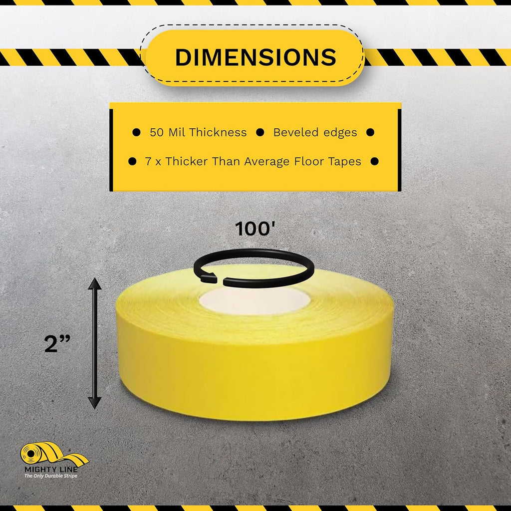 Mighty Line UltraLine Solid Floor Marking Tape for Safety, Caution, Warning, Heavy-Duty, Peel and Stick Adhesive, Beveled Edge Design, Industrial Quality, 2 Inch, 100' Roll, Yellow