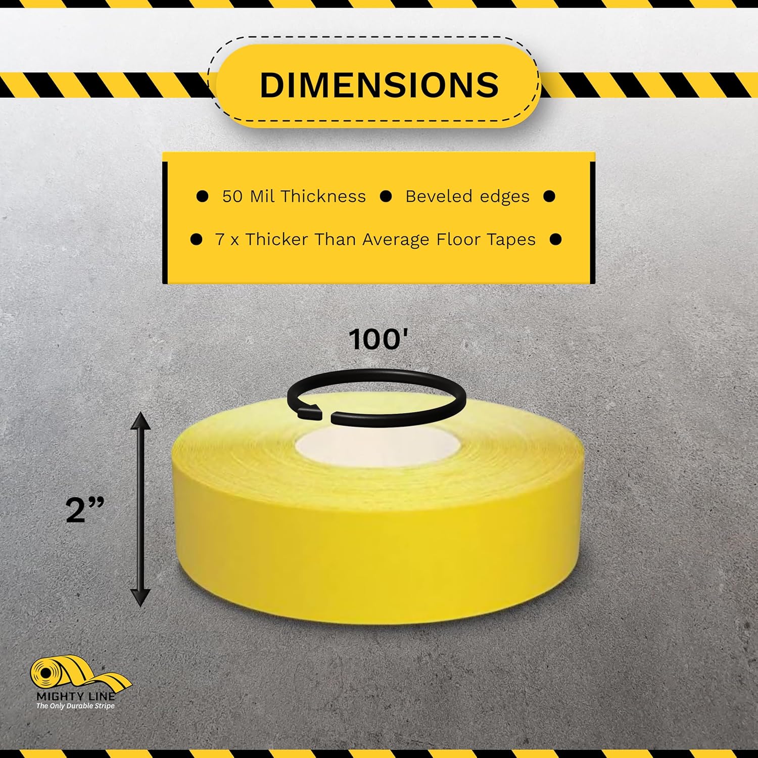 Mighty Line UltraLine Solid Floor Marking Tape for Safety, Caution, Warning, Heavy-Duty, Peel and Stick Adhesive, Beveled Edge Design, Industrial Quality, 2 Inch, 100' Roll, Yellow