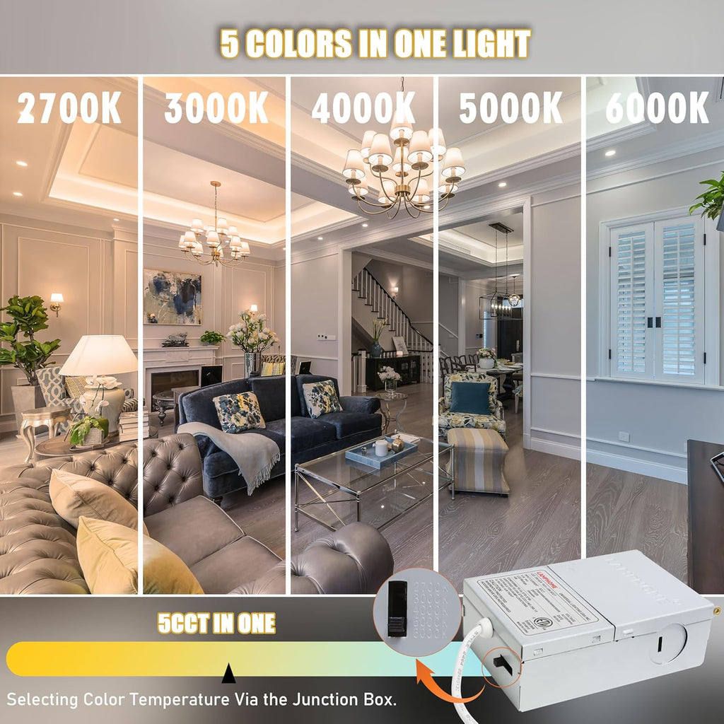 LAMPHOME 24-Pack of 4-Inch Slim LED Recessed Lights with Junction Box, Adjustable Color Temperatures (2700K-5000K), 9W Equivalent to 75W, Dimmable, 950LM Brightness - ETL and Energy Star Certified