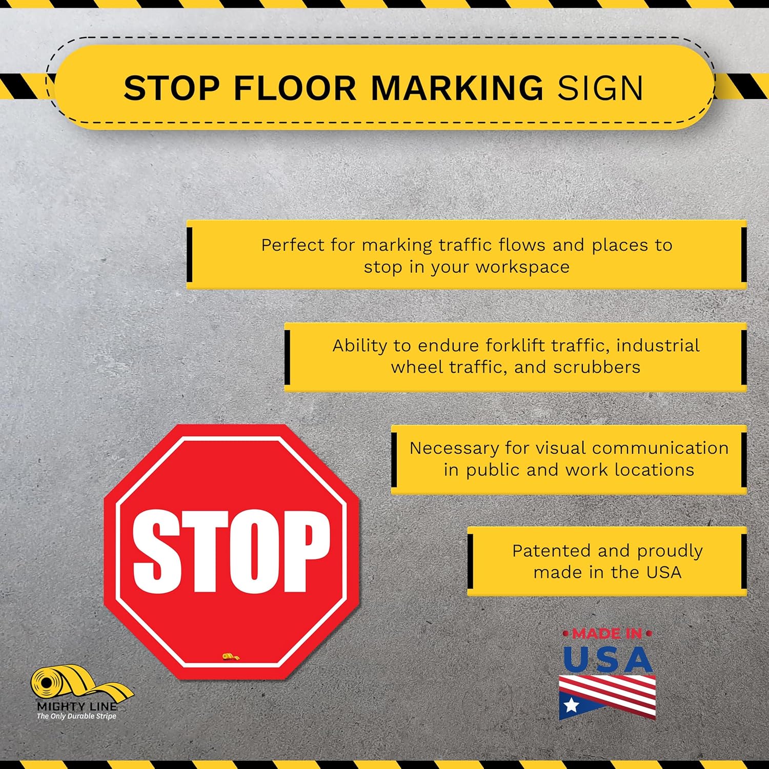 Mighty Line Stop Floor Sign Sticker for Safety, Warning, Heavy-Duty, Peel and Stick, Adhesive, Industrial Quality, 24"