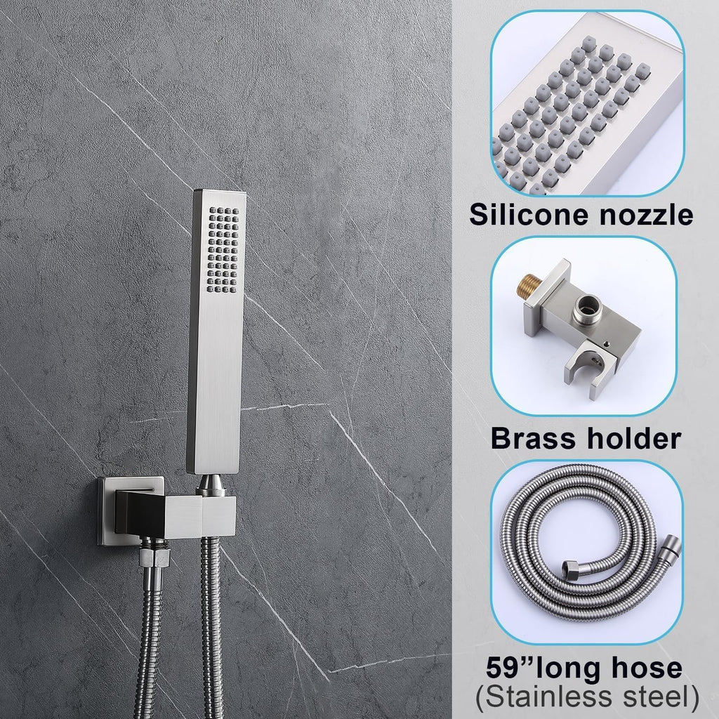 Shower System 12 Inches & 6 Inches Rainfall Shower Head System for Bathroom 3 Function Shower System Set Shower Faucet Concealed Installation Valve（Brushed Nickel）