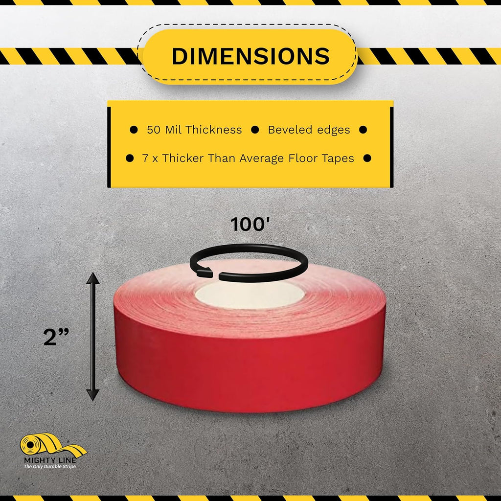 Mighty Line UltraLine Solid Floor Marking Tape for Safety, Caution, Warning, Heavy-Duty, Peel and Stick Adhesive, Beveled Edge Design, Industrial Quality, 2 Inch, 100' Roll, Red