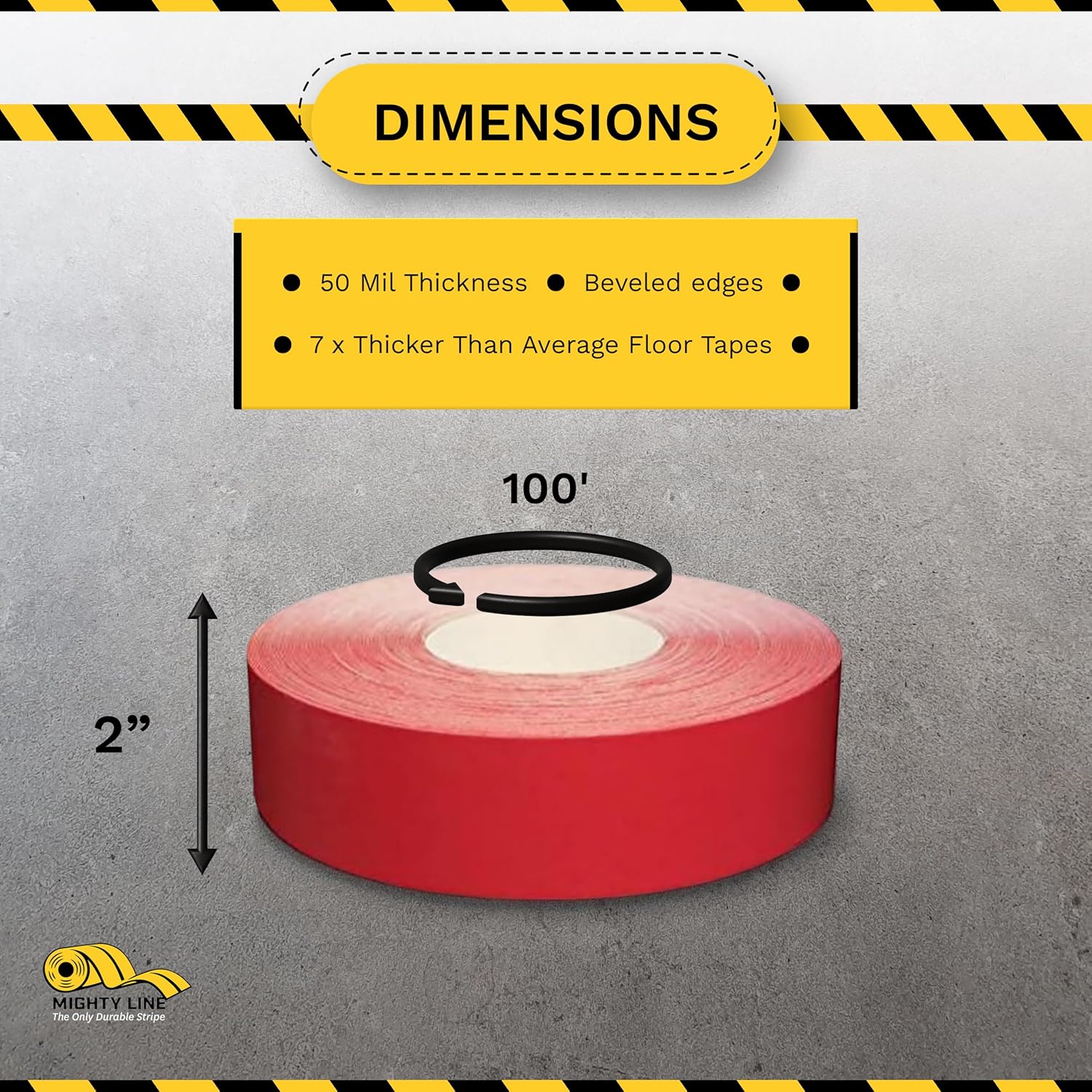 Mighty Line UltraLine Solid Floor Marking Tape for Safety, Caution, Warning, Heavy-Duty, Peel and Stick Adhesive, Beveled Edge Design, Industrial Quality, 2 Inch, 100' Roll, Red