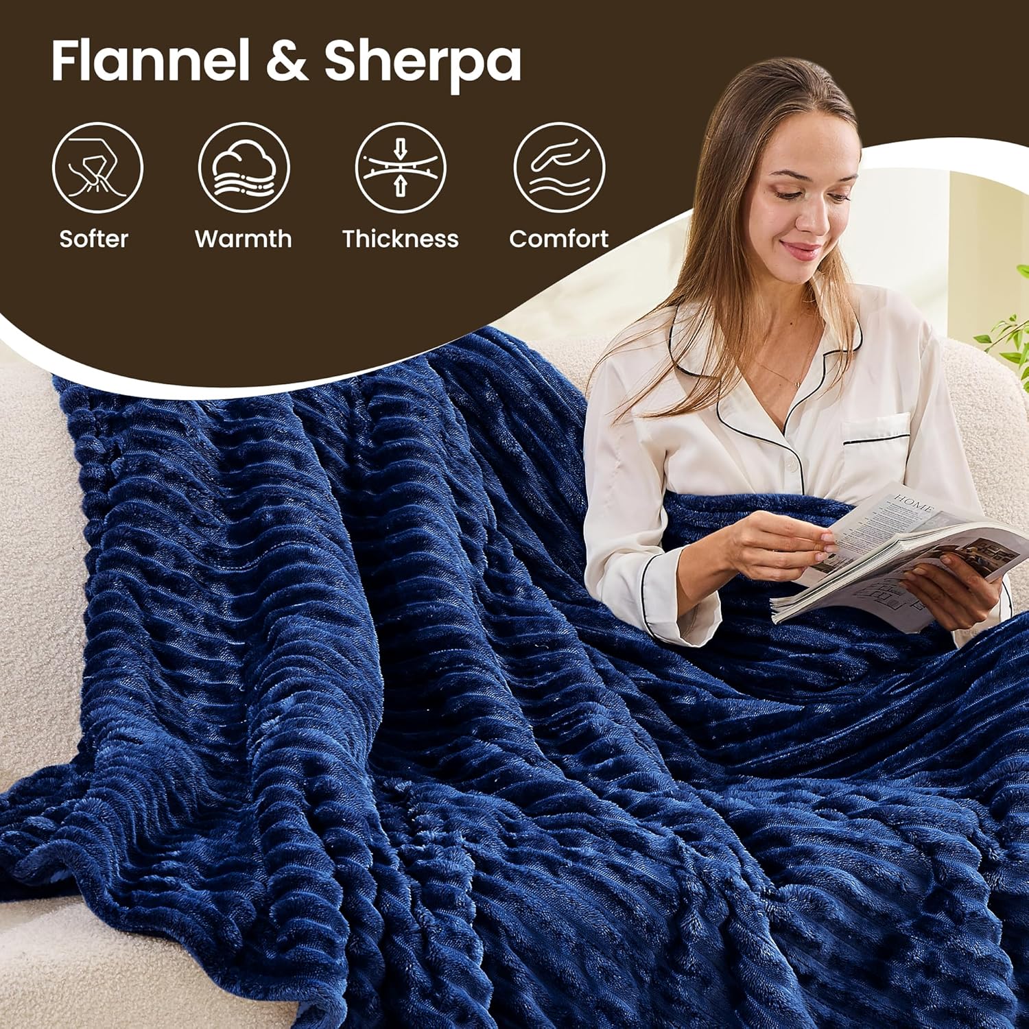 Heated Blanket Electric Blanket 62"x84", Soft Flannel Sherpa Electric Throw with 5 Heating Level & 12 Times Setting, Heated Throw with Overheating Protection, Machine Washable (Navy Blue)