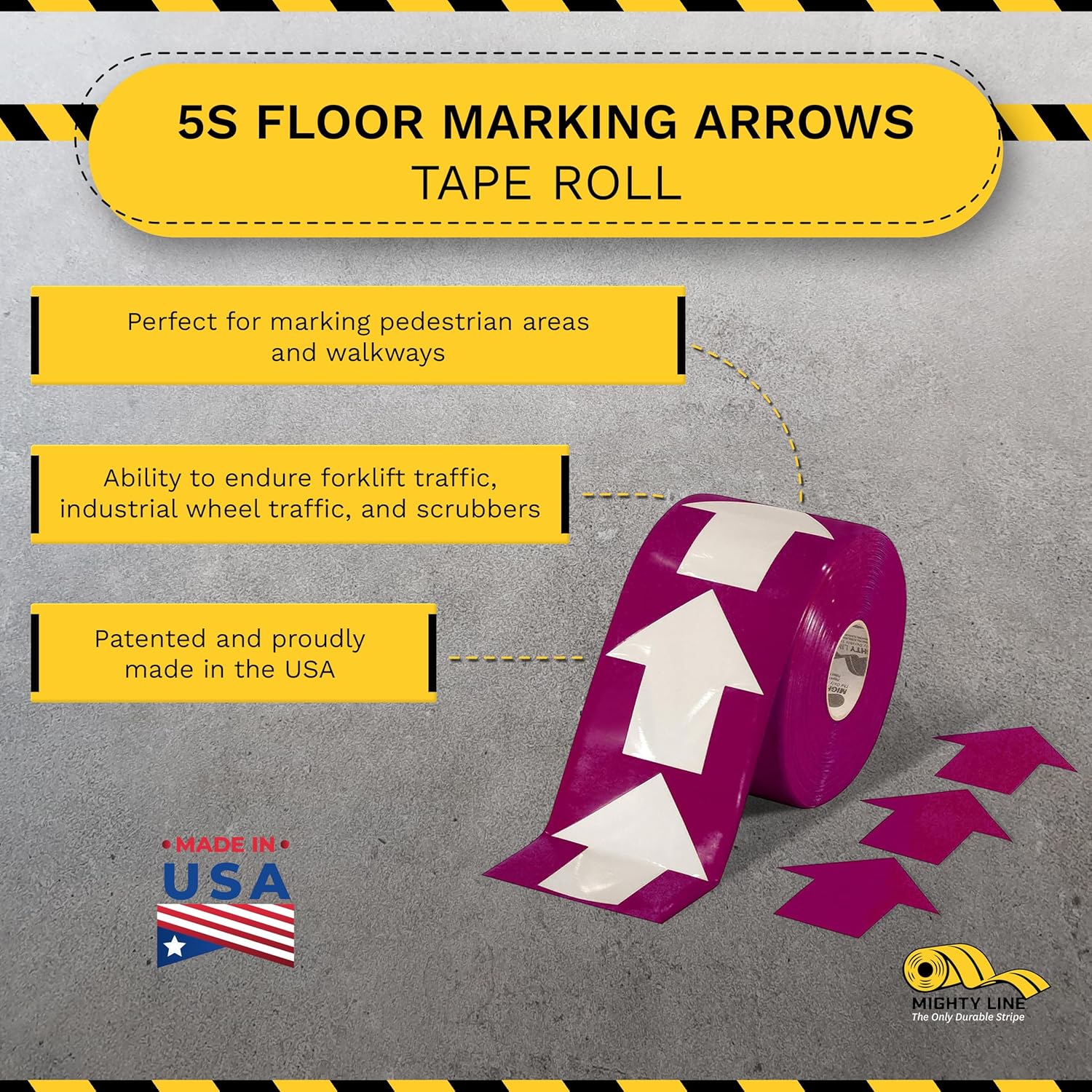 Mighty Line 5.5" Wide Solid Arrows Roll, Directional Sticker Sign Floor Marking Tape for Safety, Caution, Warning, Heavy-Duty, Peel and Stick, Adhesive, Industrial Quality, Purple, Pack of 200
