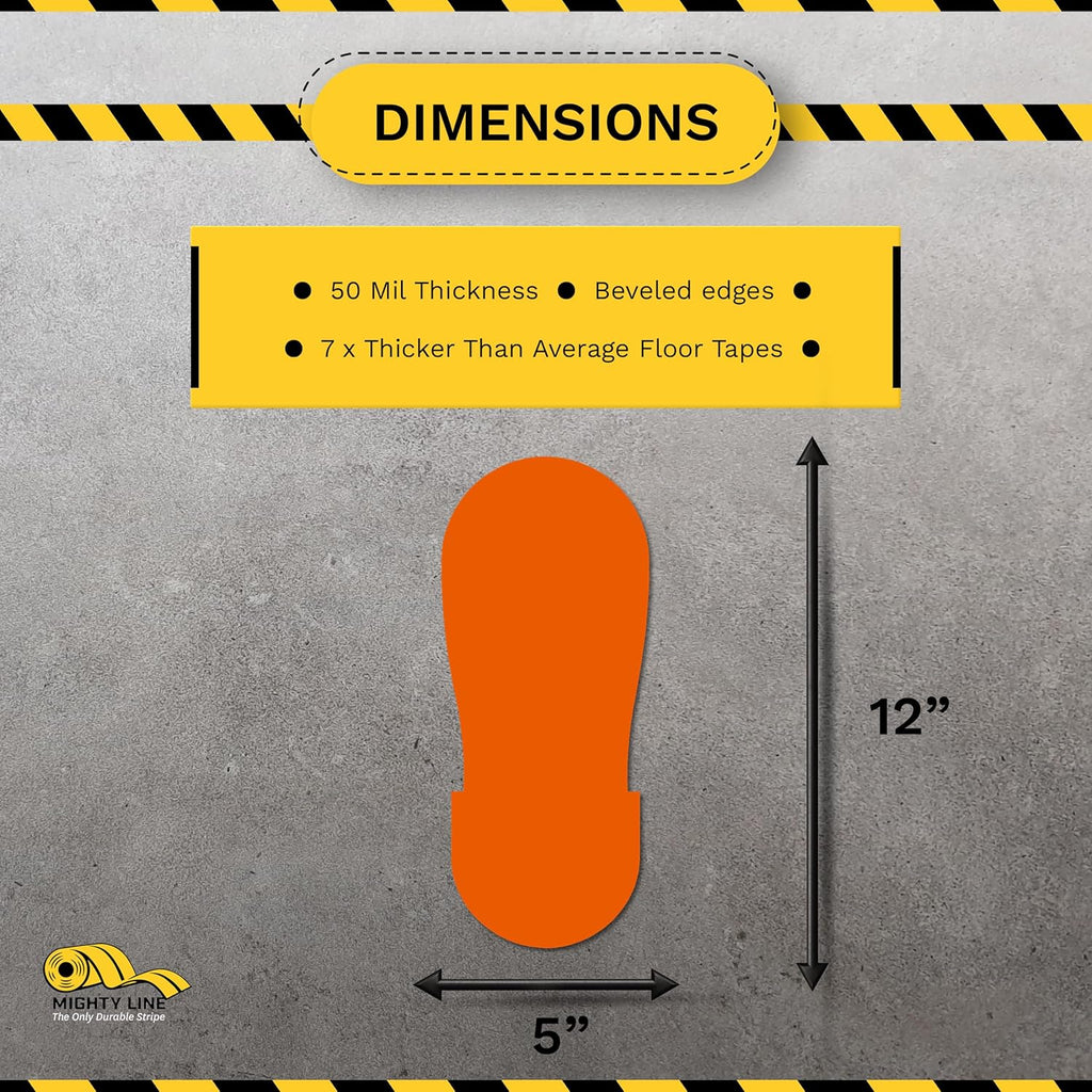 Mighty Line Big Footprints Floor Marking Tape for Safety, Caution, Warning, Heavy-Duty, Peel and Stick, Adhesive, Industrial Quality, 12" Long x 5" Wide, Orange, Pack of 50