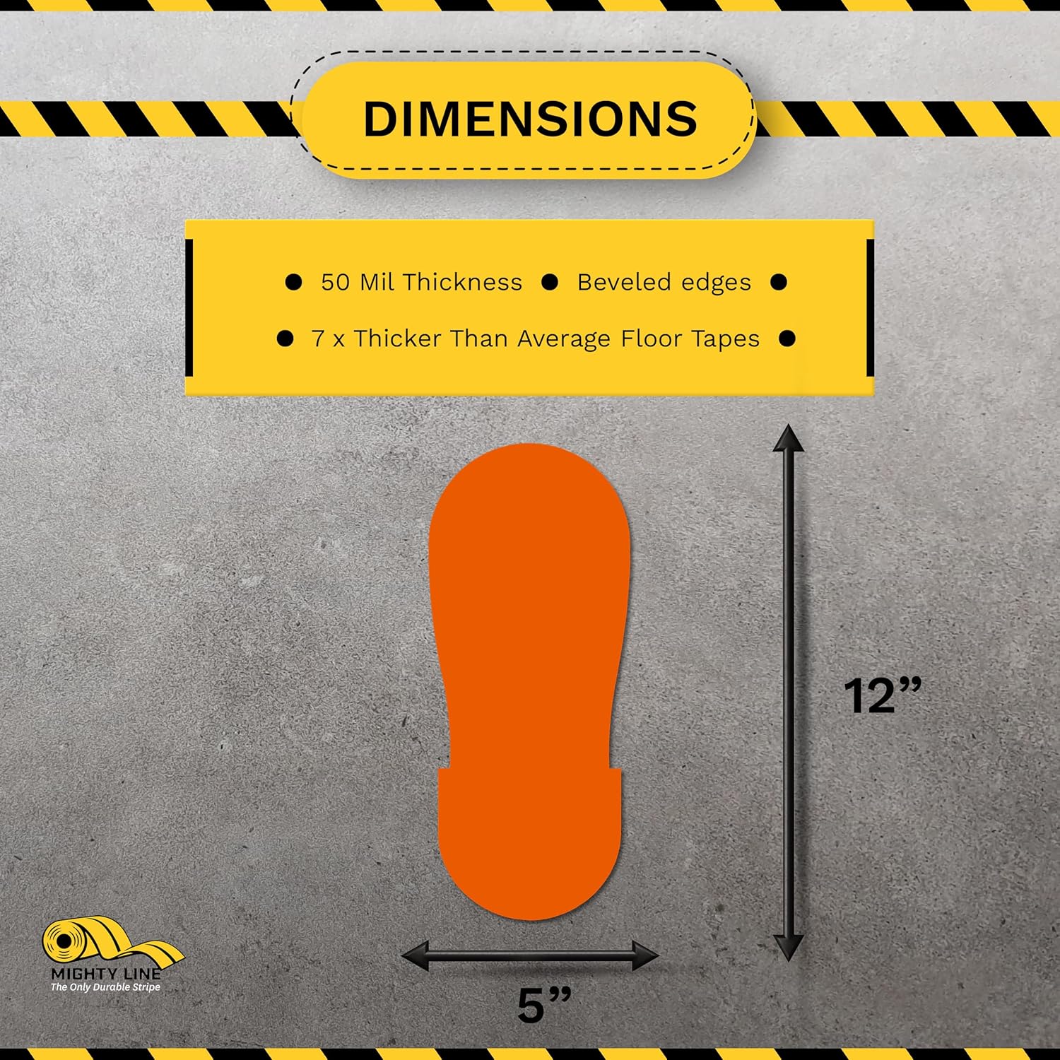 Mighty Line Big Footprints Floor Marking Tape for Safety, Caution, Warning, Heavy-Duty, Peel and Stick, Adhesive, Industrial Quality, 12" Long x 5" Wide, Orange, Pack of 50