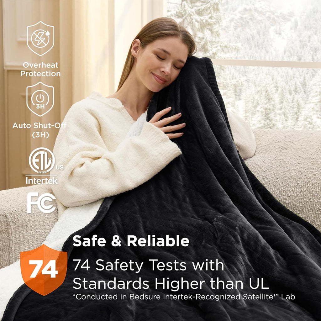 Bedsure Heated Blanket Throw Blanket - Fast Heating Electric Blanket, Soft Flannel Heated Throw with 4 Time Settings, 6 Heating Settings, Warm Gifts for Grandma Grandpa (50x60 inches, Black)