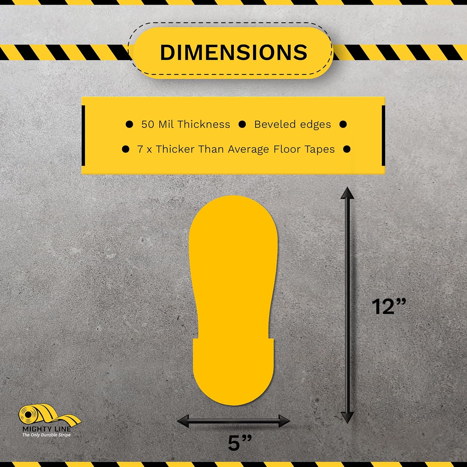 Mighty Line Big Footprints Floor Marking Tape for Safety, Caution, Warning, Heavy-Duty, Peel and Stick, Adhesive, Industrial Quality, 12" Long x 5" Wide, Yellow, Pack of 50