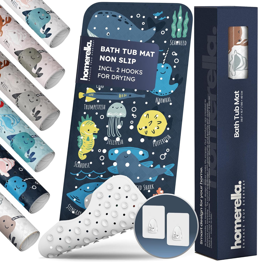 Bath Tub Mat Non Slip Anti Mold for Kids BPA Free INCL Hooks - homerella® Ocean Sea Animals 40x16, Baby Bath Mat Non Slip 200 Suction Cups, Non Toxic Machine Washable Toddler Bath Mat, EU Certified