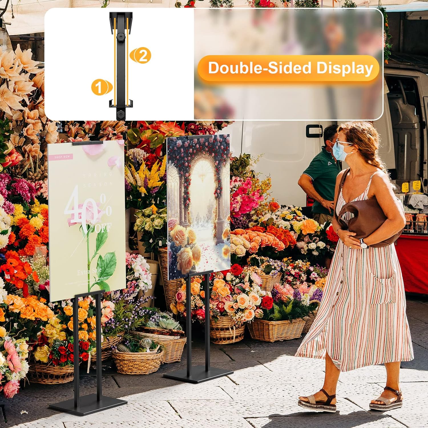 Display Stand Sign Holder,Heavy Duty Adjustable Pedestal Sign Stand Up to 75 inch,Double-Sided for Board & Foam Sign,Sign Stand with Base,Fit Wedding,Restaurant or Business(Poster not Included)