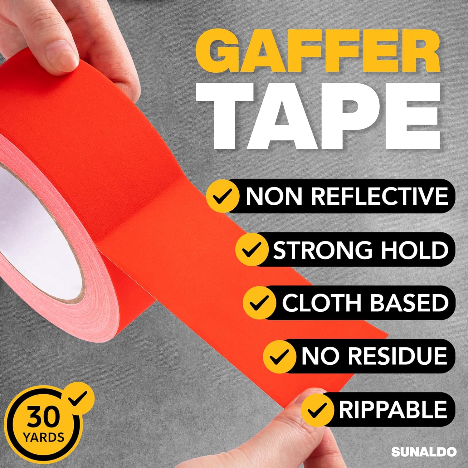 Gaffers Tape, Strong Hold, Easy to Rip, Residue-Free Professional Grade Floor Tape for Electrical Cords, Matte Finish Non Reflective, Weather Resistant (1 Pack, Red, 2" x 30 Yards)