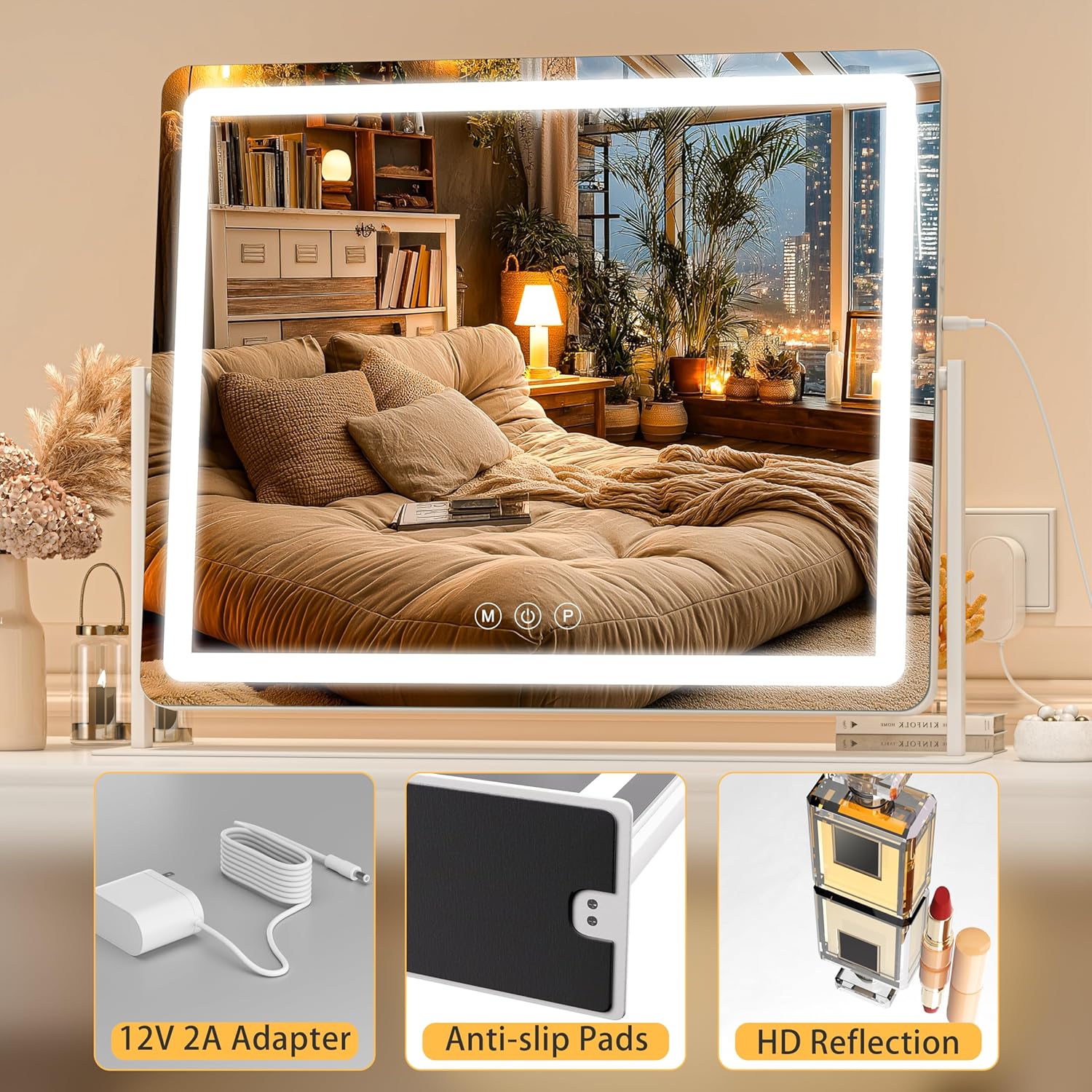 Vanity Mirror with Lights, 34'' x 25.6'' Lighted Makeup Mirror, Touch Screen with 3-Color Lighting, Dimmable for Vanity Desk Tabletop Round White