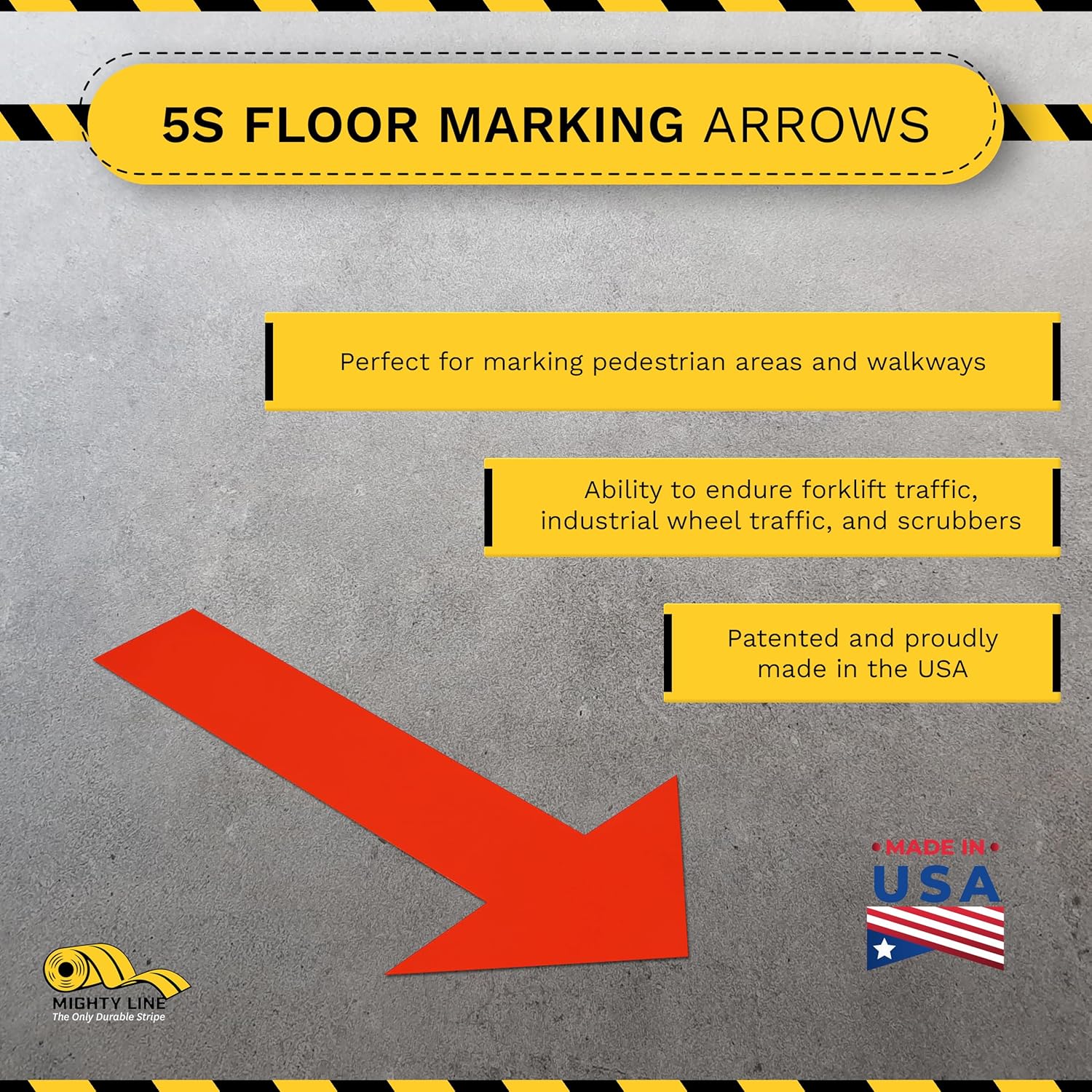 Mighty Line Solid Arrows Directional Sticker Sign Floor Marking Tape for Safety, Caution, Warning, Heavy-Duty, Peel and Stick Adhesive, Industrial Quality, Red, 10"x6", 50 Pack