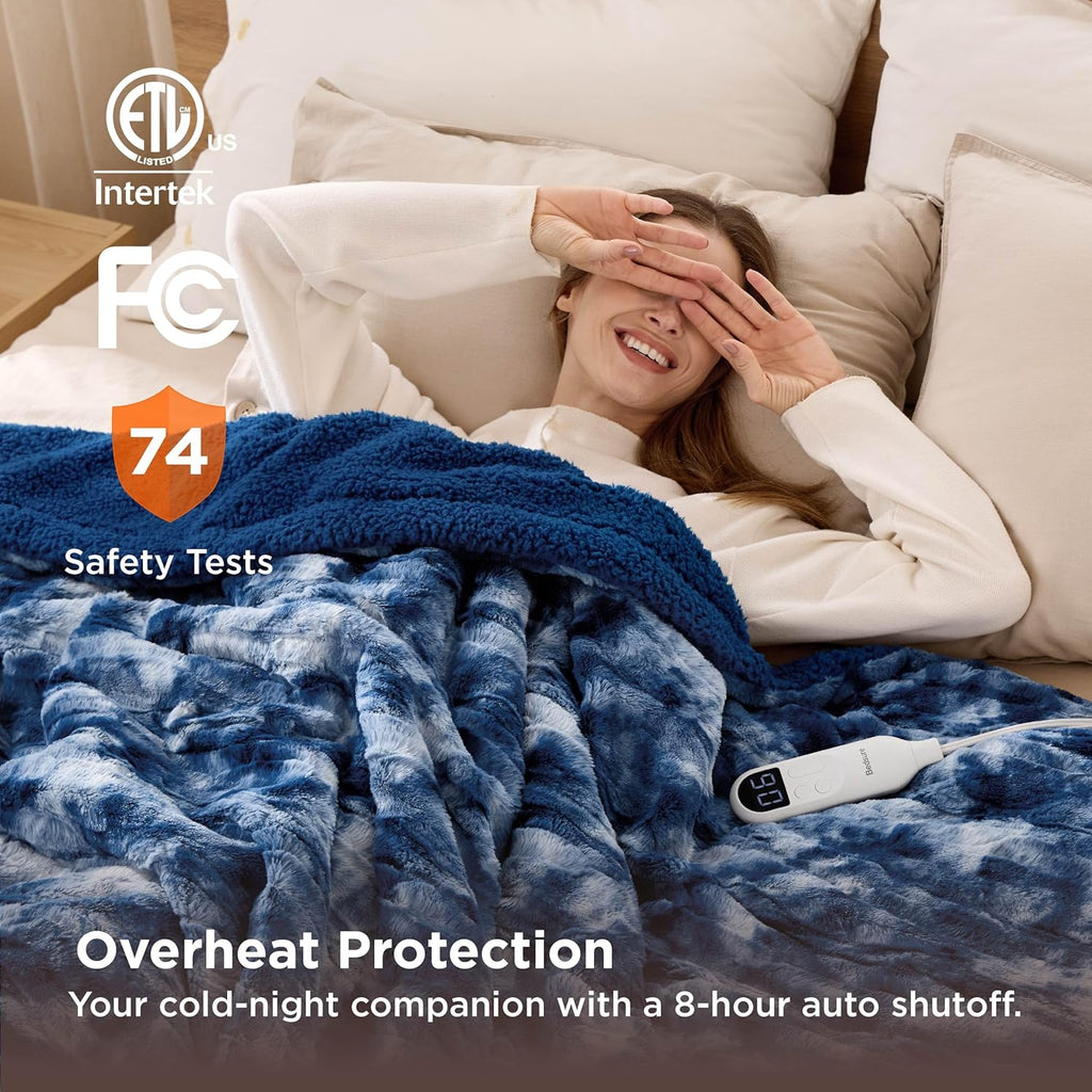 Bedsure Faux Fur Heated Blanket Twin Size, Fast Heating Electric Blanket Twin Size with 6 Heating Levels & 10 Time Settings, Cozy Gifts for Women Men (62x84 inches, Denim Blue)