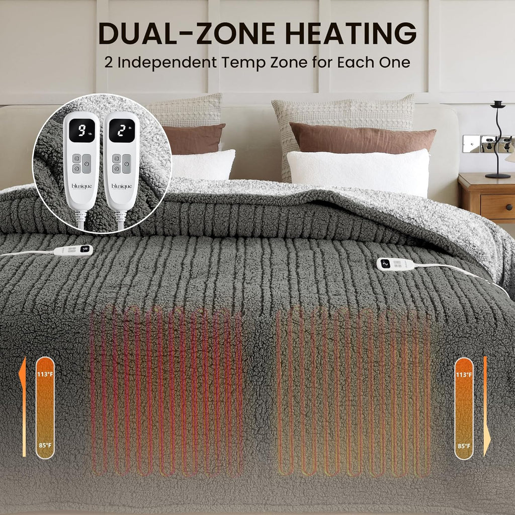Heated Blanket Electric Blanket Queen - Fast Heating Blanket Throw Dual Control Double Sided Sherpa with 10 Heating Levels & 2-10 Hours Auto Off, Mashine Washable, 84 x 90 Inches, Grey