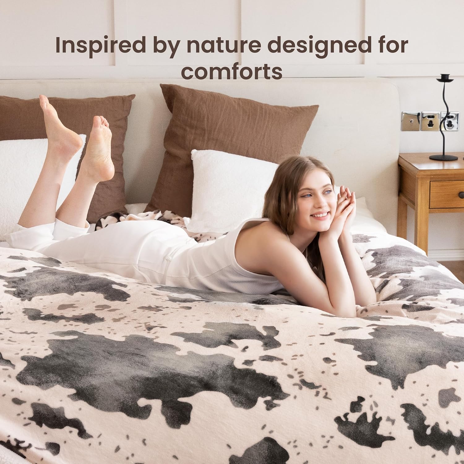 Cow Print Electric Heated Blanket Queen-Dual Control Heating Blanket Queen Size with 10 Heat Levels & 10 Hours Auto-Off, Cozy Soft Fleece Sherpa, Washable, 84x90 Inche Cow Print Light Coral