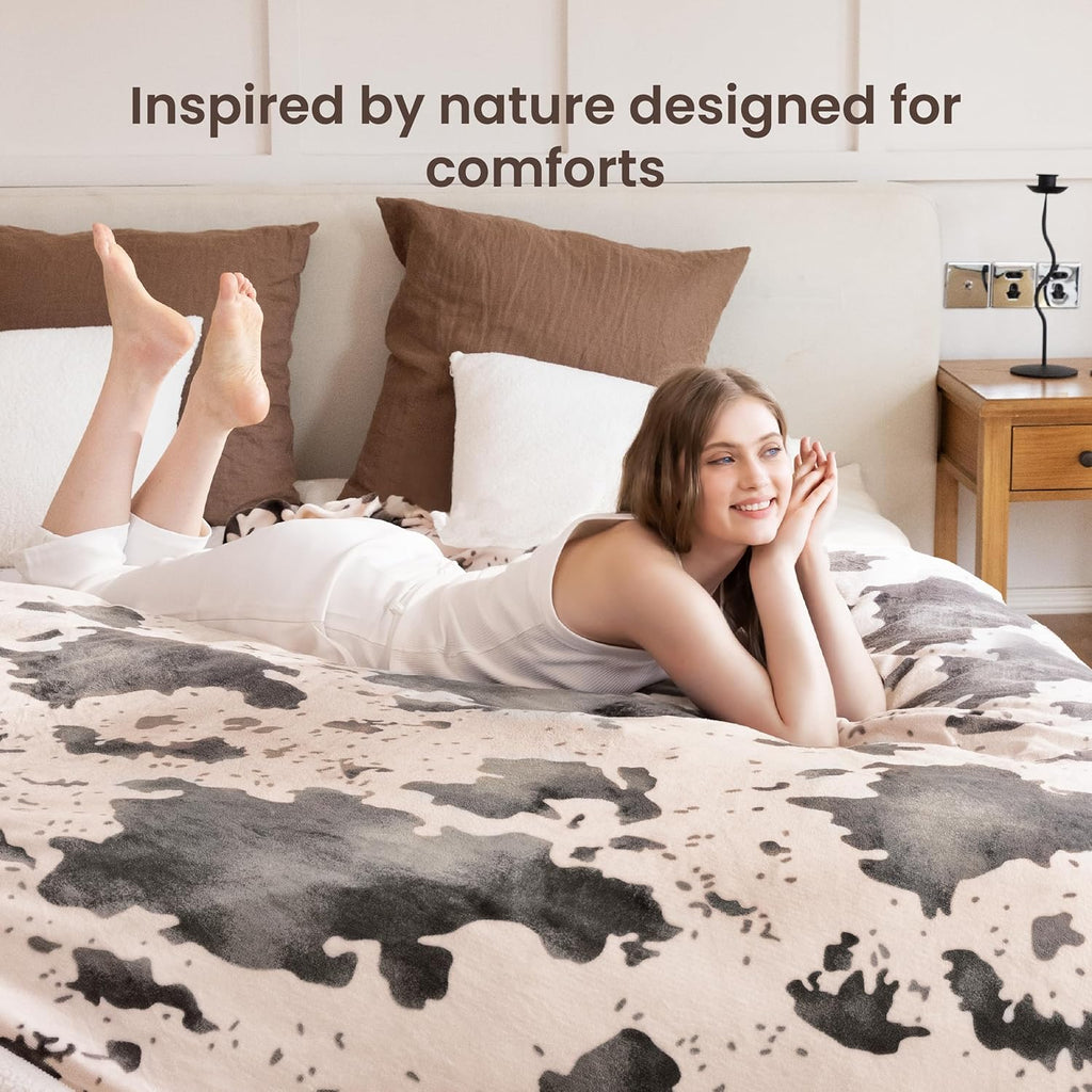 Cow Print Heated Electric Blanket King Size-Dual Control Heating Blanket King Size with 10 Heat Levels & 10 Hours Auto-Off, Cozy Soft Fleece Sherpa, Washable, 90x100 Inche Light Coral