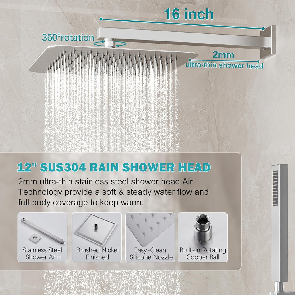 Shower System, Brushed Nickel Shower Faucet Set with 12-Inch Rain Showerhead and Handheld Spray, Wall Mounted High-Pressure Showerhead Combo Set Included Valve and Trim, Brushed Nickel