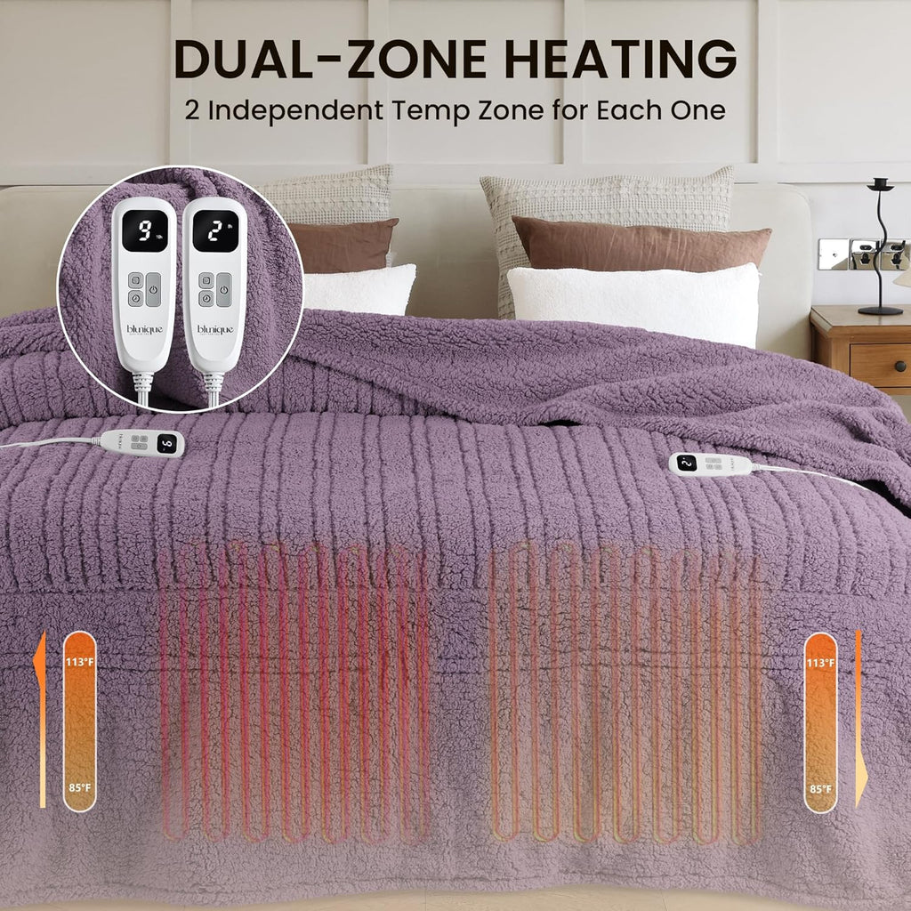 Heated Blanket Electric Blanket Queen - Fast Heating Blanket Throw Dual Control Double Sided Sherpa with 10 Heating Levels & 2-10 Hours Auto Off, Mashine Washable, 84 x 90 Inches, Purple