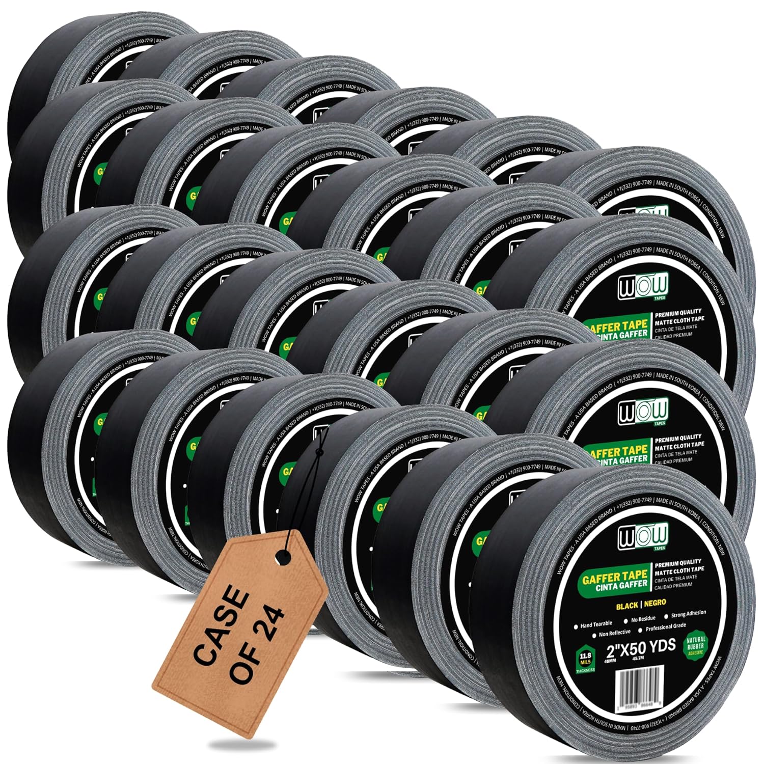 Wow Gaffers Tape 2 Inch Black - 50 Yards (Case of 24), Residue Free, Non-Reflective & Heavy-Duty - Professional Grade Gaff Tape - Ideal for Photography Backdrop, Cables, Cords & Floor Taping