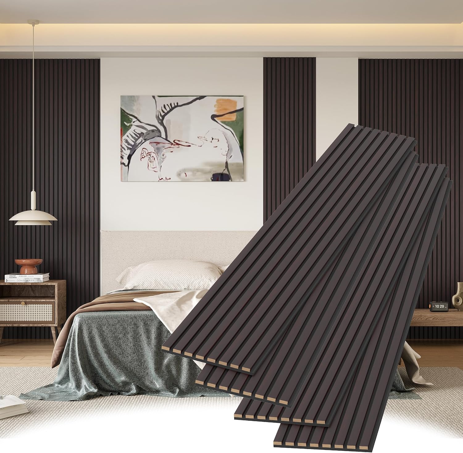 Stylish Decorative Wall Panels, 4 Pack 8 x 1 ft, Modern Acoustic Wood Panels with Felt Backing, Black-Brown Oak