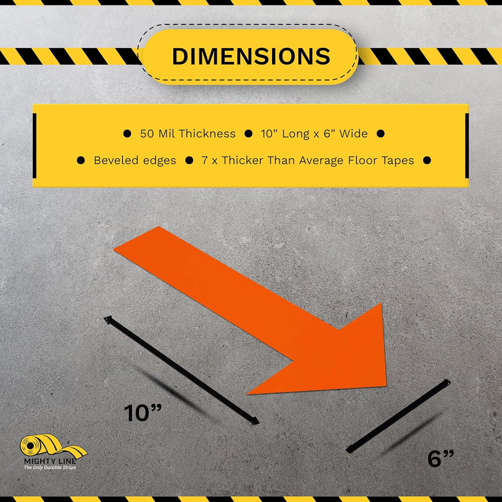 Mighty Line Solid Arrows Directional Sticker Sign Floor Marking Tape for Safety, Caution, Warning, Heavy-Duty, Peel and Stick, Adhesive, Industrial Quality, Orange, 10" by 6", Pack of 50