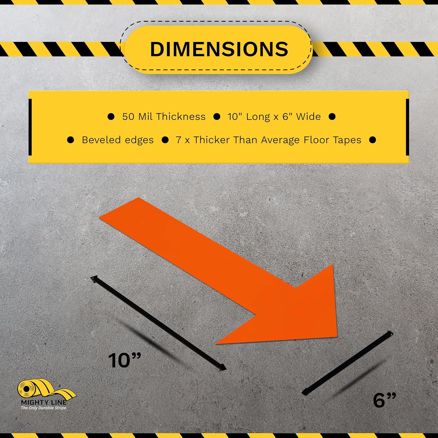 Mighty Line Solid Arrows Directional Sticker Sign Floor Marking Tape for Safety, Caution, Warning, Heavy-Duty, Peel and Stick, Adhesive, Industrial Quality, Orange, 10" by 6", Pack of 50