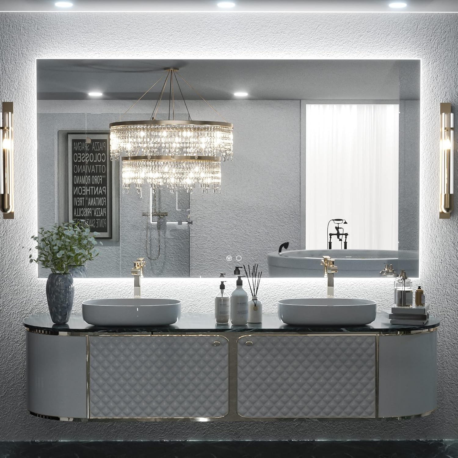 Keonjinn 48 x 28 Inch LED Bathroom Mirror with Backlit, Anti-Fog, CRI90+ HD Dimmable Vanity Mirror, High Lumen, Horizontal/Vertical Wall Mount, UL Listed Lighted Vanity Mirror, Waterproof