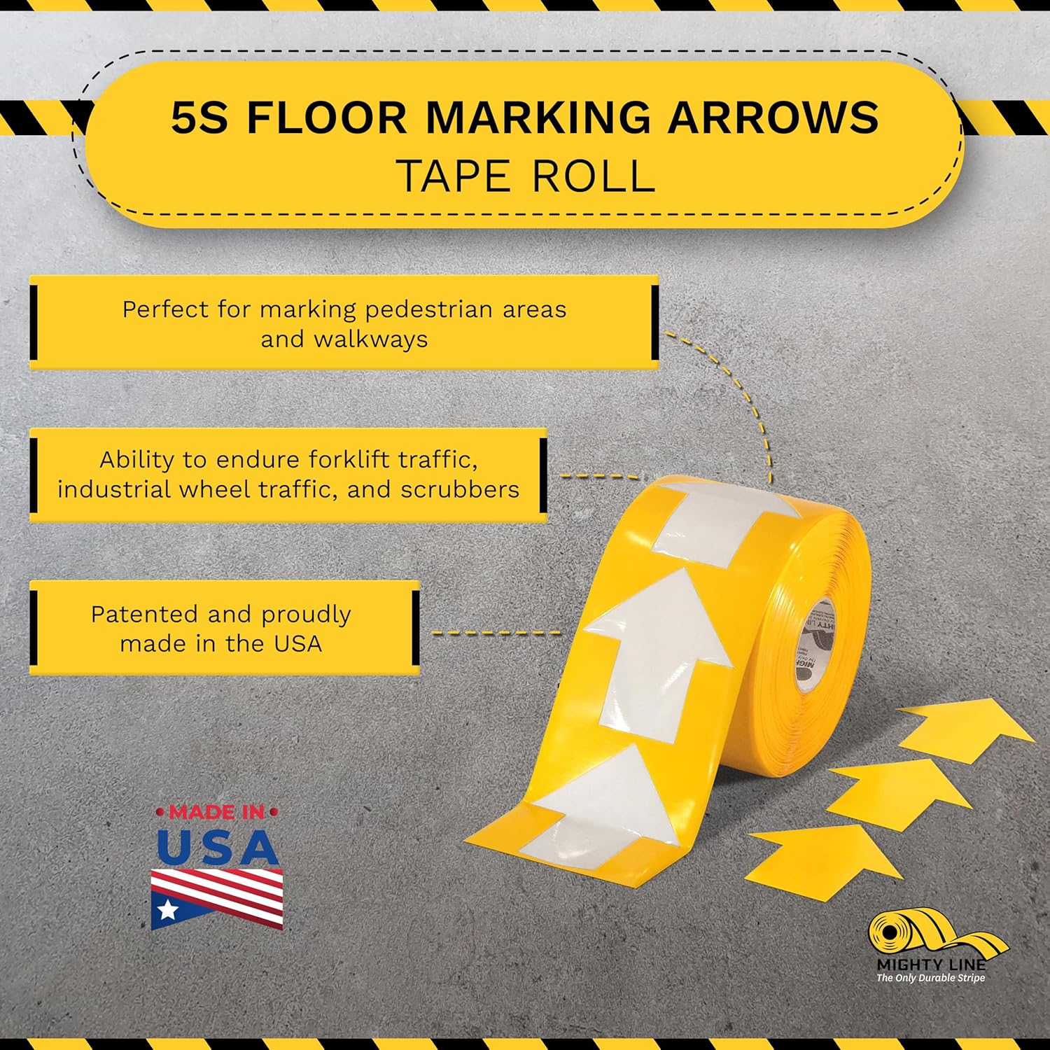 Mighty Line 5.5" Wide Solid Arrows Roll, Directional Sticker Sign Floor Marking Tape for Safety, Caution, Warning, Heavy-Duty, Peel and Stick, Adhesive, Industrial Quality, Yellow, Pack of 200