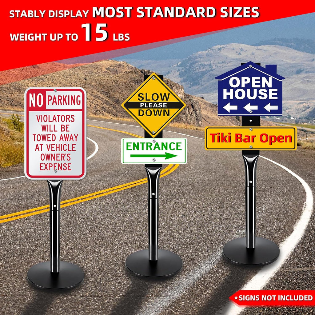 2Pack Heavy Duty Cast Iron Sign Stand - 48" Outdoor Portable Pedestal Post - Display Road Sign, Construction Sign Holder (Black)