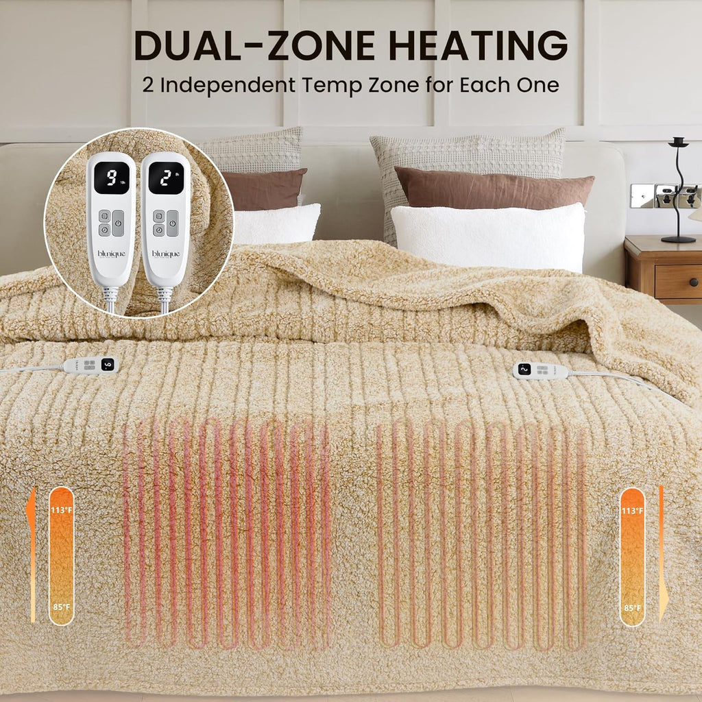 Heated Blanket Electric Blanket King - Fast Heating Blanket Throw Dual Control Double Sided Sherpa with 10 Heating Levels & 2-10 Hours Auto Off, Mashine Washable, 90 x 100 Inches, Camel