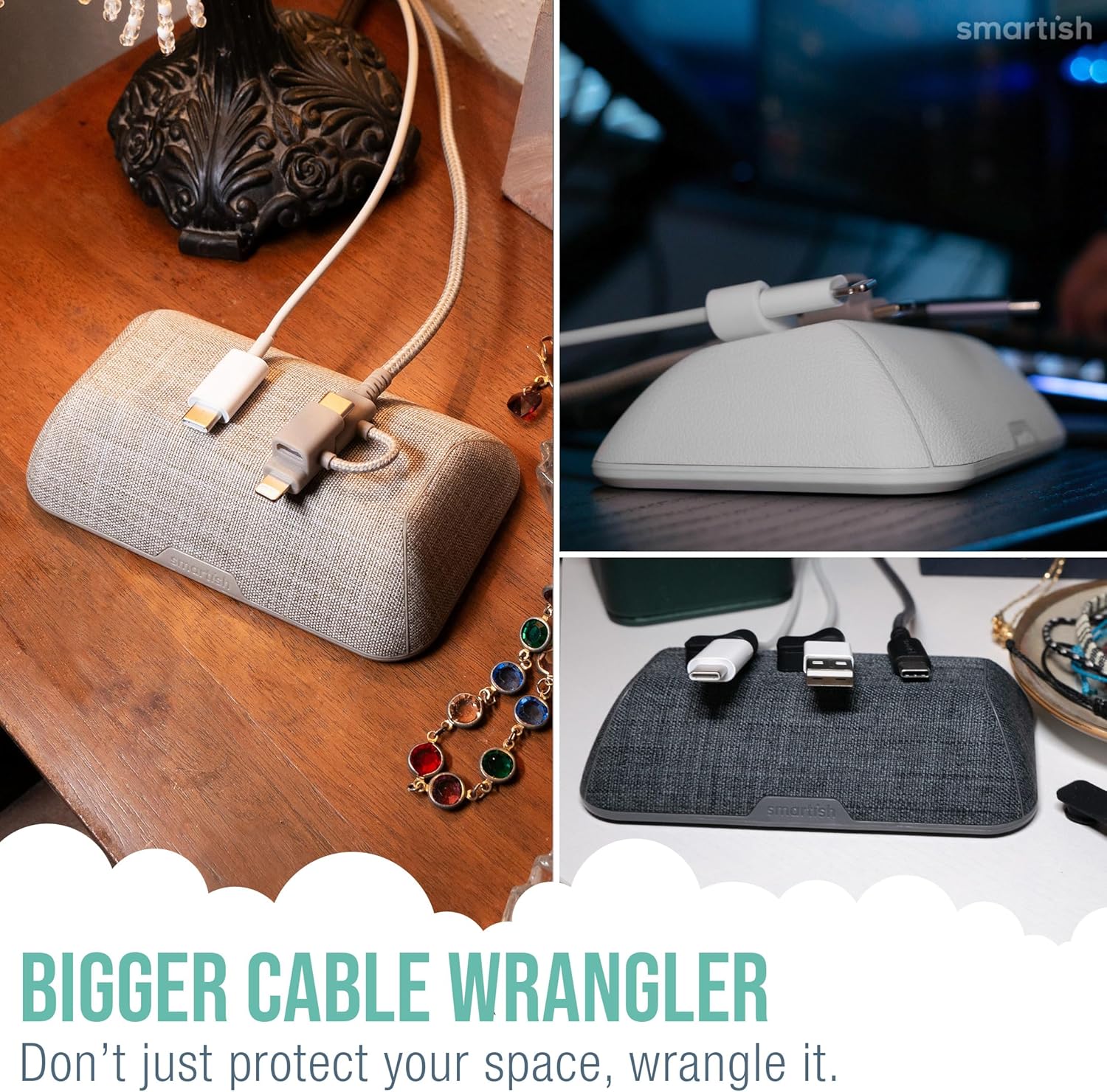 Smartish® Magnetic Cord Holder - Bigger Cable Wrangler Stocking Stuffer Organizer with Magnet Clips for Charger Management on Desktop, Nightstand - Holds 6+ Cables - Blue Jeanie