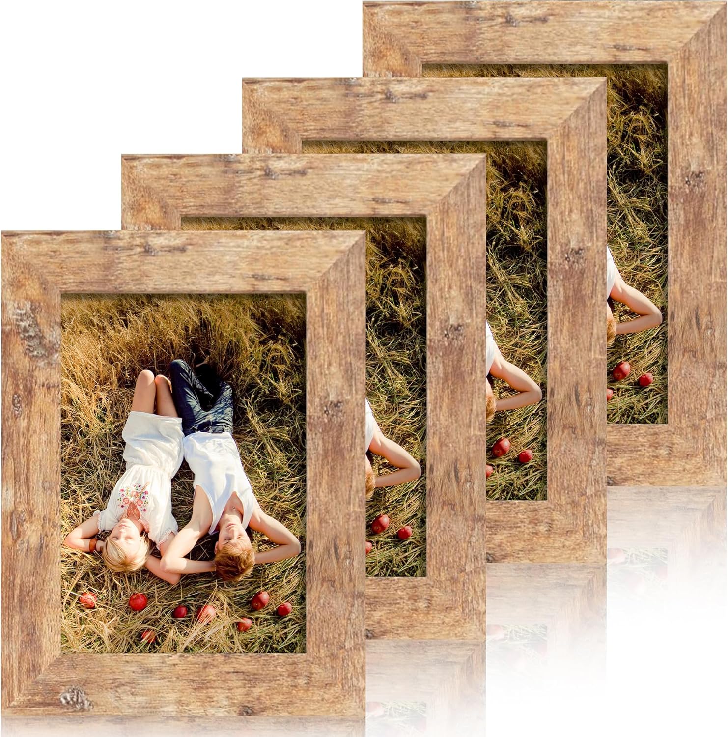 iRahmen 4x6 Picture Frame Set of 4, High Definition Real Glass Rustic Brown Frame, 4 x 6 Wood Photo Frames for Tabletop Display and Wall Mounting