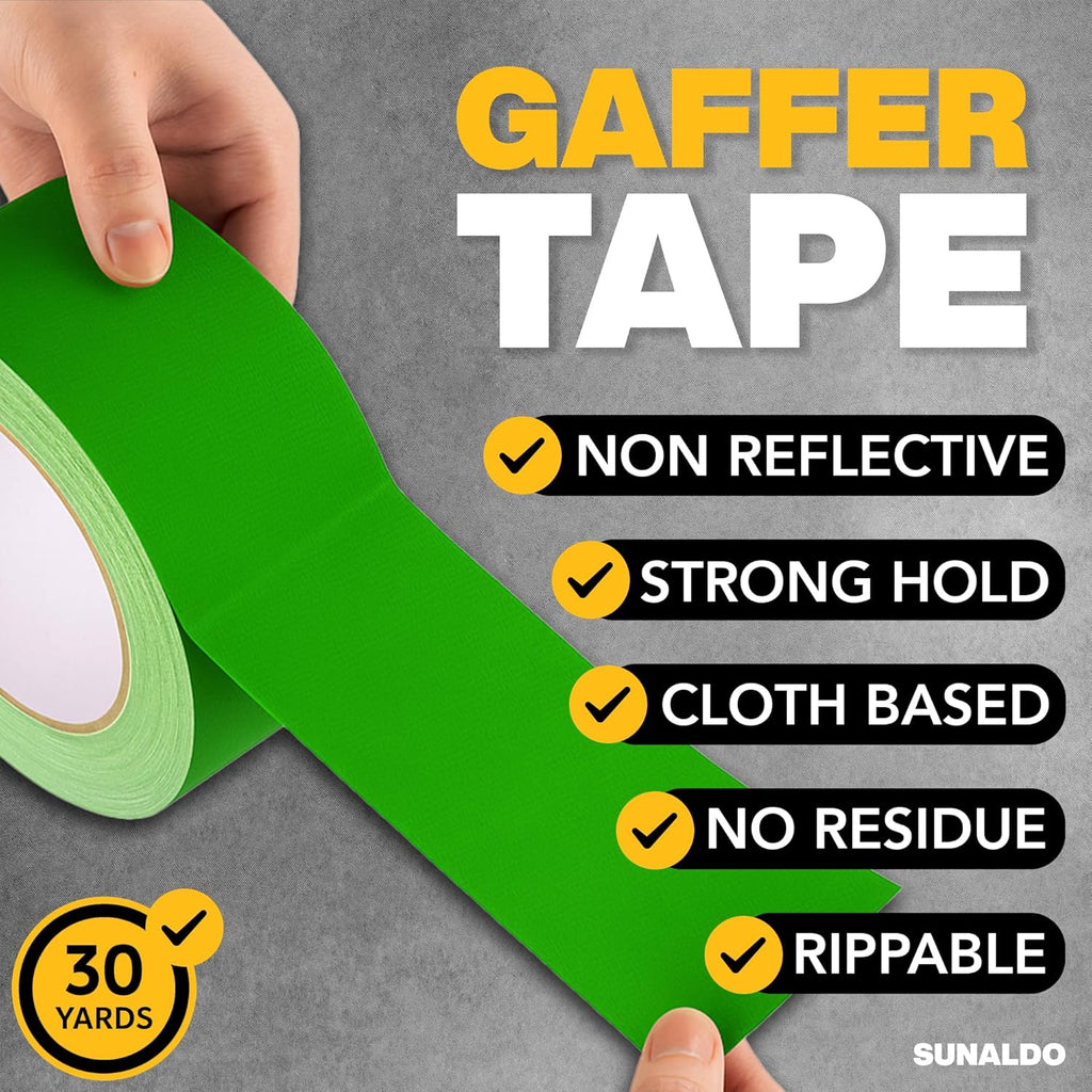 Gaffers Tape Heavy Duty, Easy to Rip, Residue-Free Professional Grade Floor Tape for Electrical Cords, Matte Finish Non Reflective, Weather Resistant (1, Green, 2" x 30 Yards)