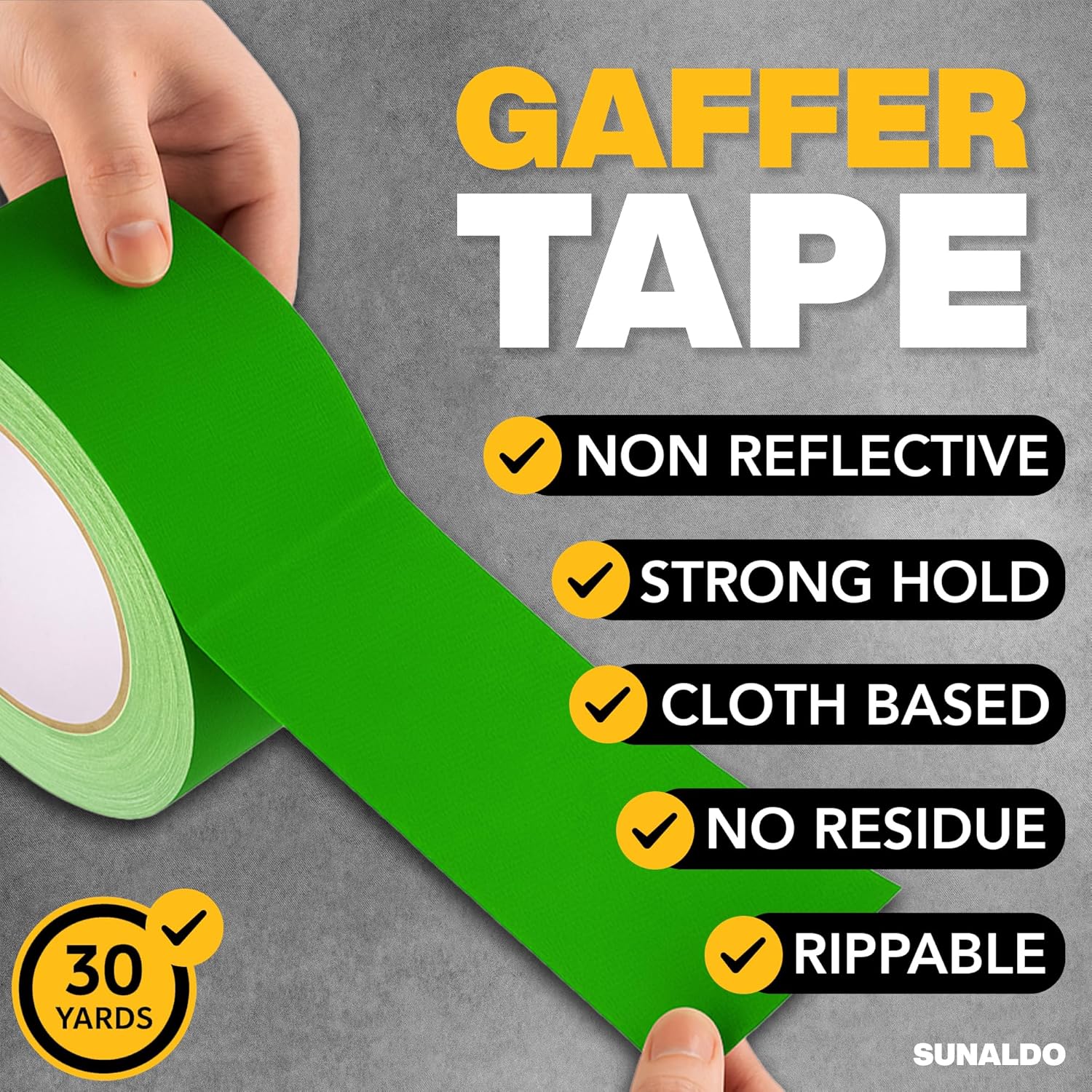 Gaffers Tape Heavy Duty, Easy to Rip, Residue-Free Professional Grade Floor Tape for Electrical Cords, Matte Finish Non Reflective, Weather Resistant (1, Green, 2" x 30 Yards)