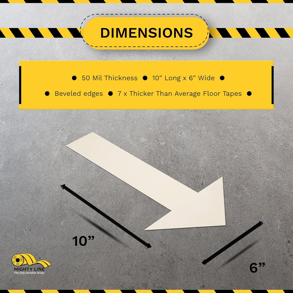 Mighty Line Solid Arrows Directional Sticker Sign Floor Marking Tape for Safety, Caution, Warning, Heavy-Duty, Peel and Stick Adhesive, Industrial Quality, White, 10"x6", 50 Pack