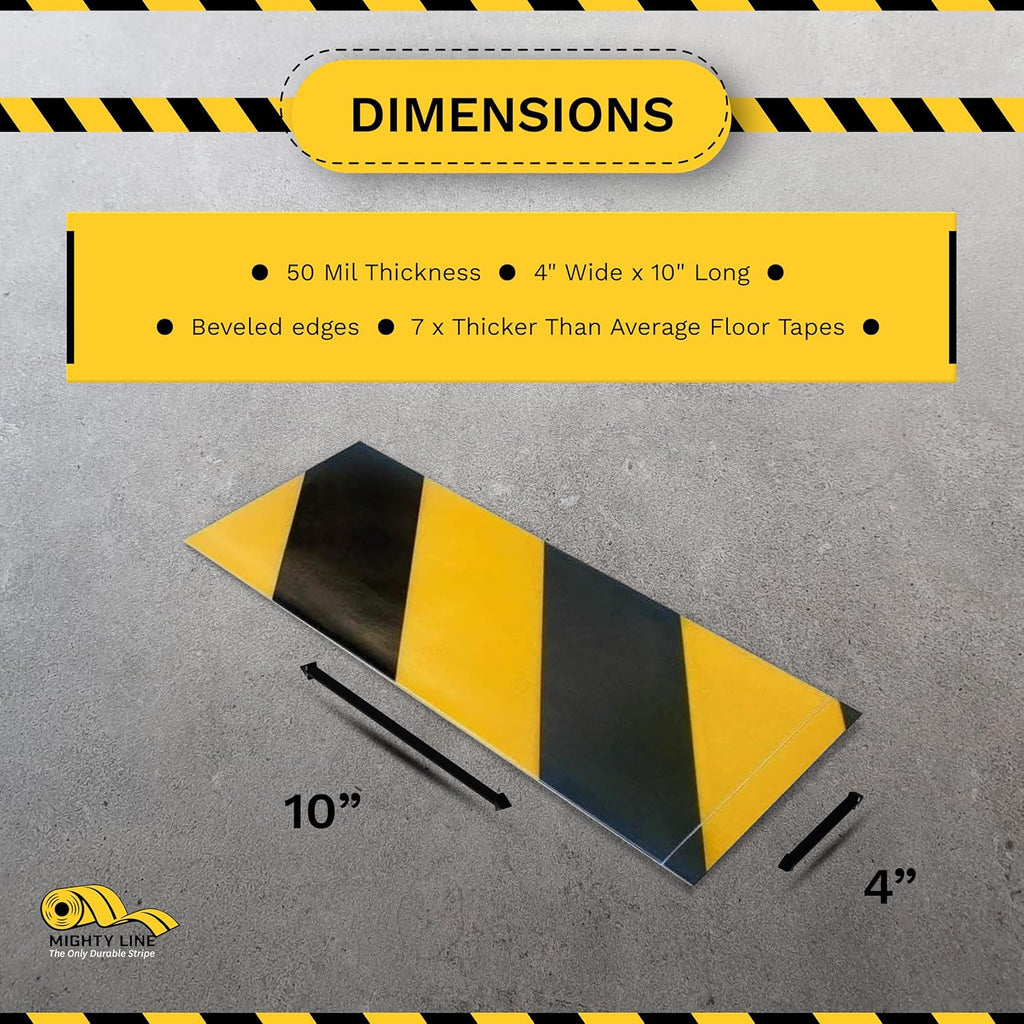 Mighty Line Floor Marking Tape Strips for Safety, Caution, Warning, Heavy-Duty, Peel and Stick, Adhesive, Industrial Quality, Yellow and Black Hazard, 4" by 10"