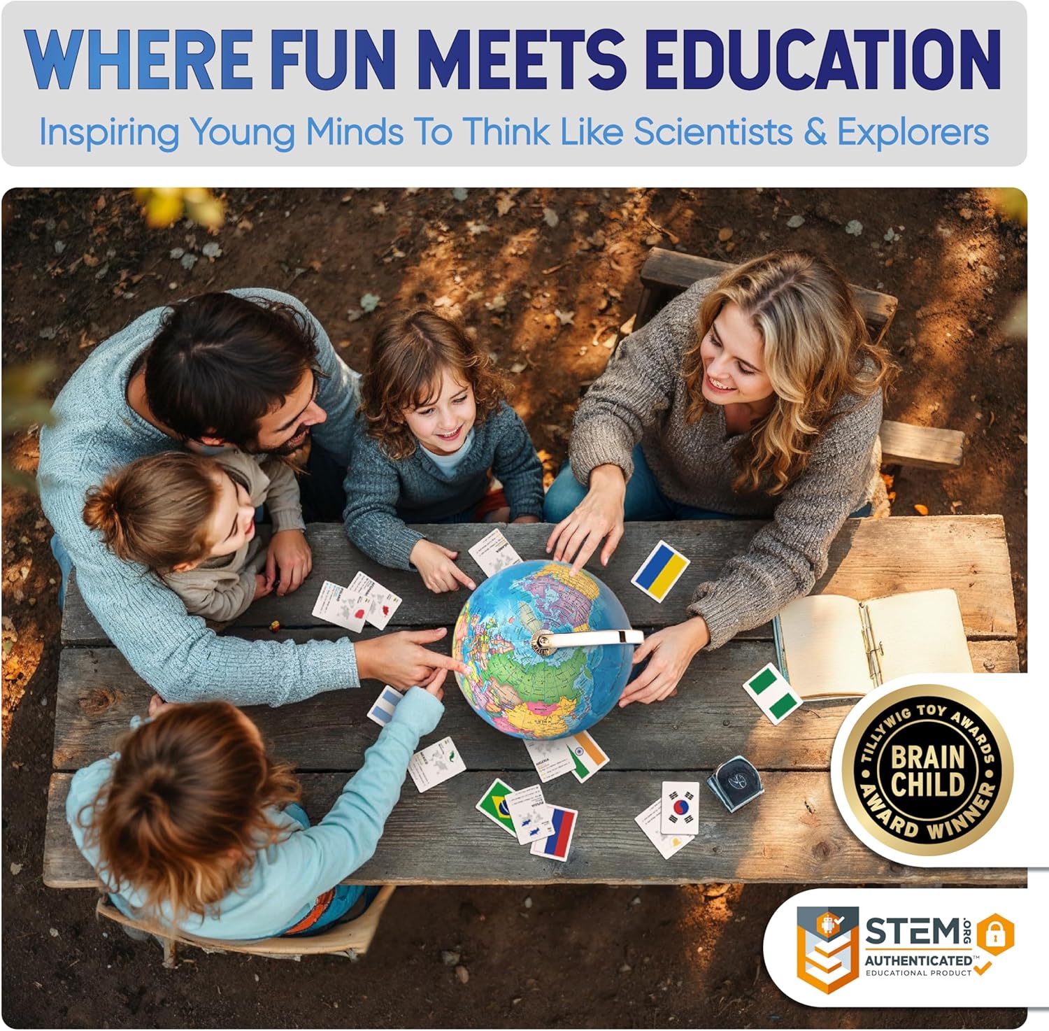 9" Illuminated Educational Kids World Globe + STEM Flags & Countries Interactive Card Game. 3 in 1 Children Desktop Spinning Earth Political & Constellation Maps, LED Night Light Lamp