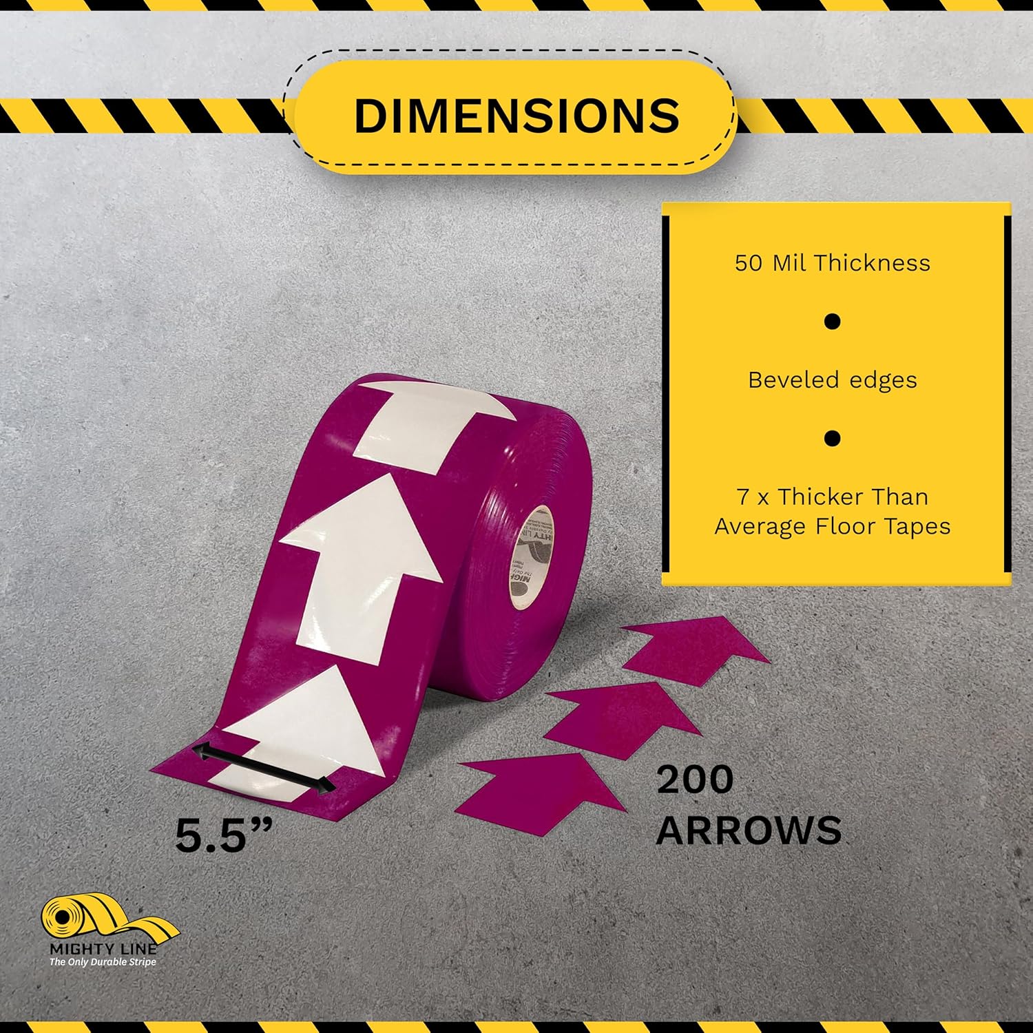 Mighty Line 5.5" Wide Solid Arrows Roll, Directional Sticker Sign Floor Marking Tape for Safety, Caution, Warning, Heavy-Duty, Peel and Stick, Adhesive, Industrial Quality, Purple, Pack of 200