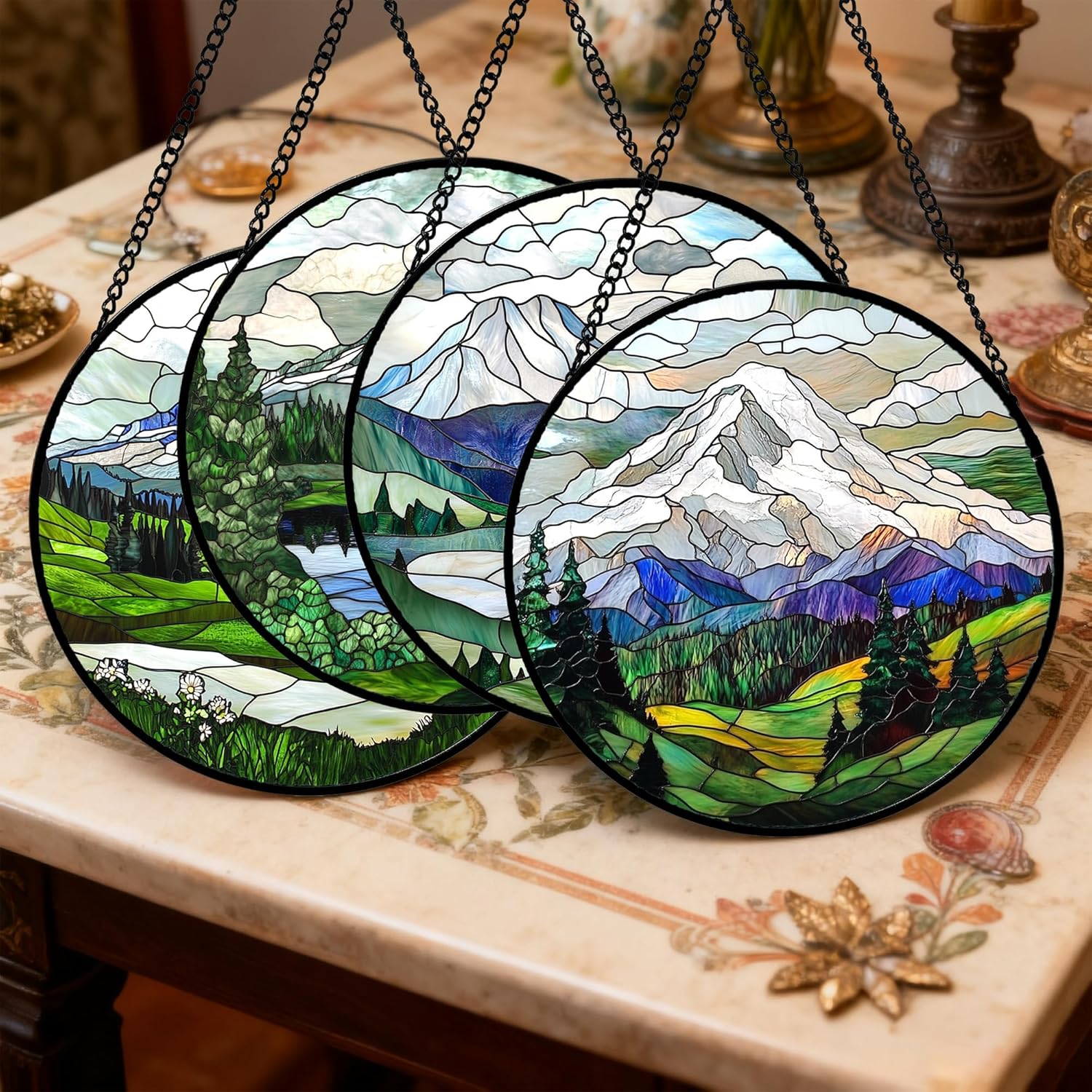 Stained Glass Window Hanging 4 Pcs Set Mountains Lake Green White Landscape 7.8" - Suncatcher Door Garden Sun Catcher Decor Birthday Christmas for Mom Woman Nana Men