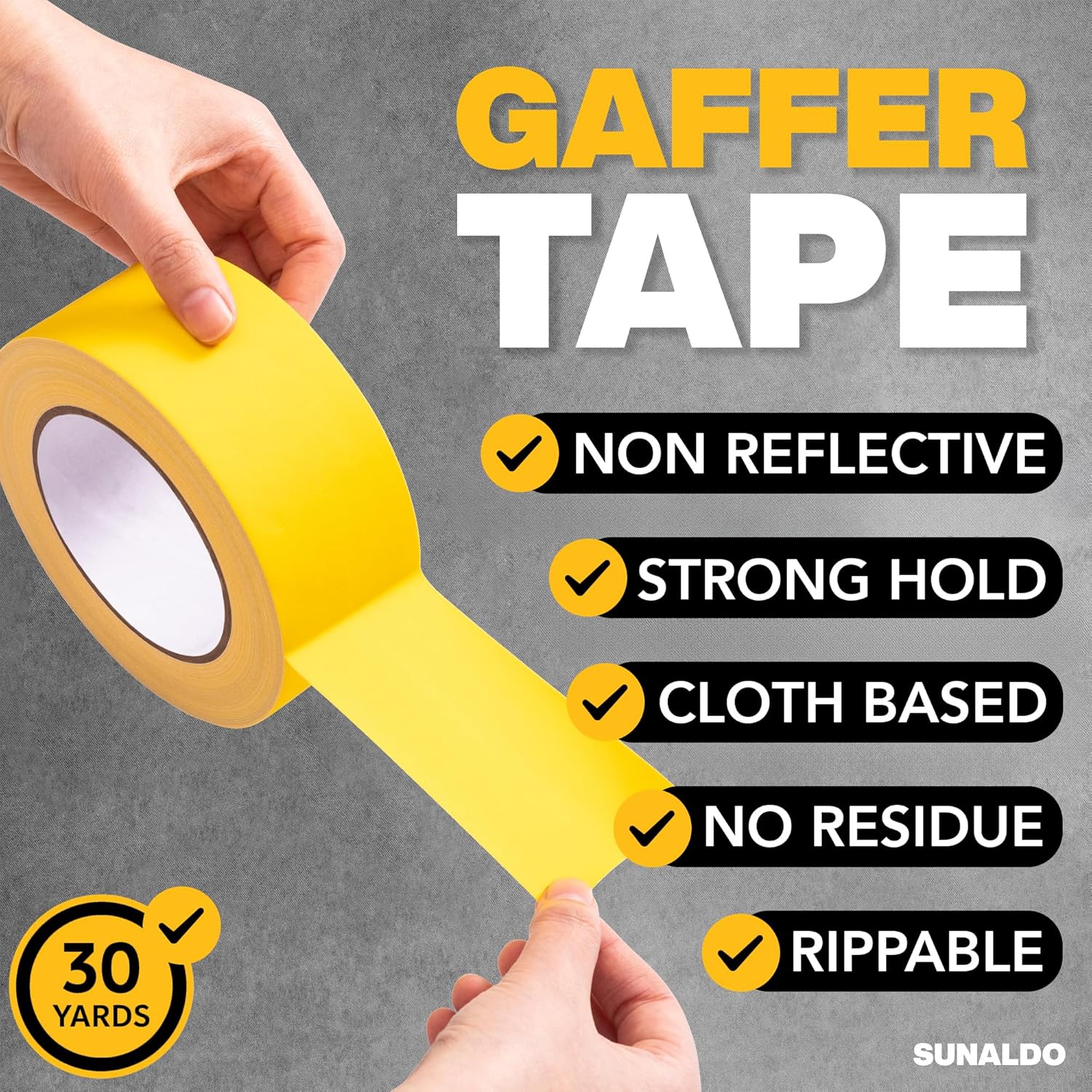Gaffers Tape, Strong Hold, Easy to Rip, Residue-Free Professional Grade Floor Tape for Electrical Cords, Matte Finish, Non Reflective, Weather Resistant (1 Pack, Yellow, 2" x 30 Yards)
