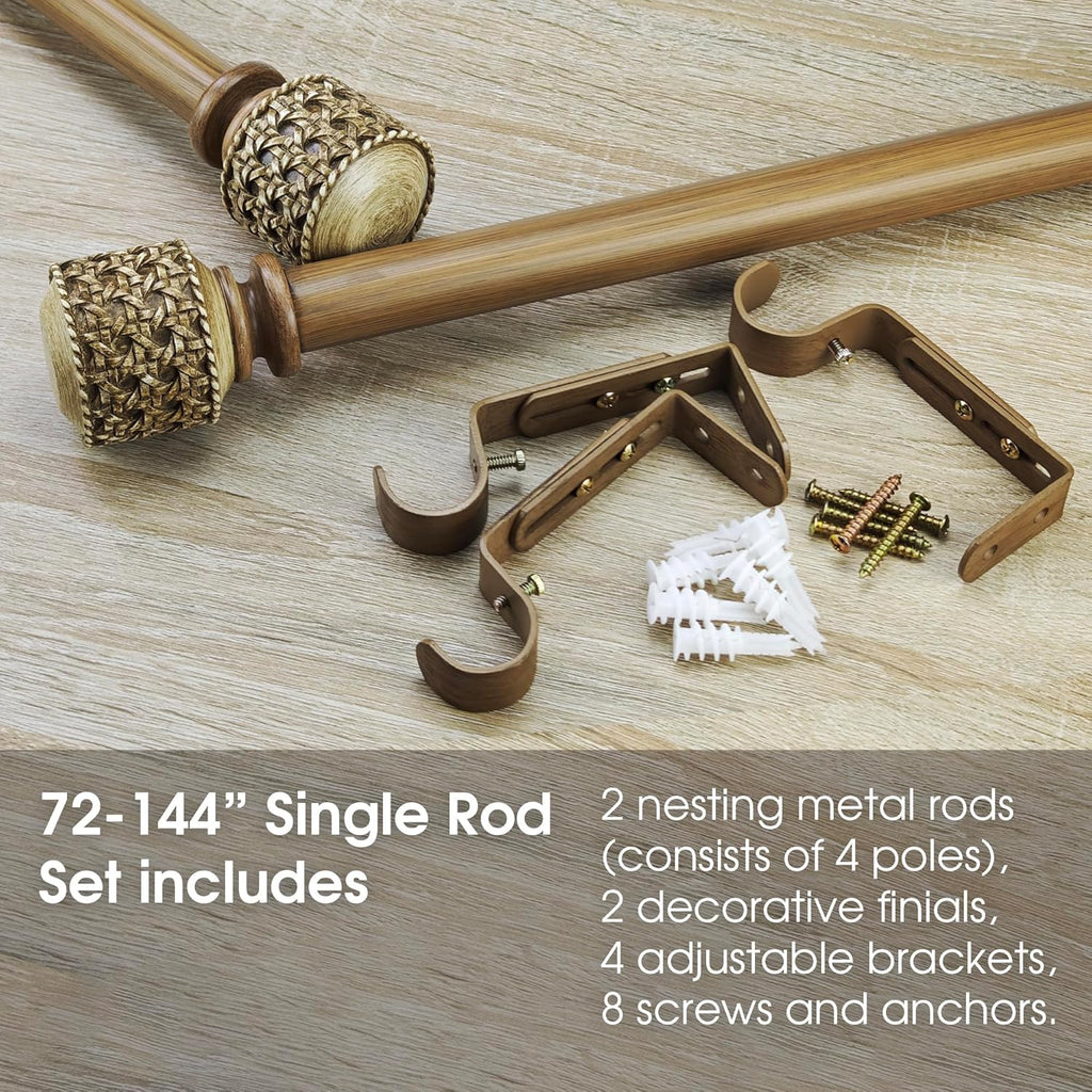 1-1/8 Inch Diameter Faux Wood Curtain Rods with Faux Rattan Cane Woven Finial, 72-144'' Telescoping Single Curtain Rods for window width 68-140 inch, 1 pack