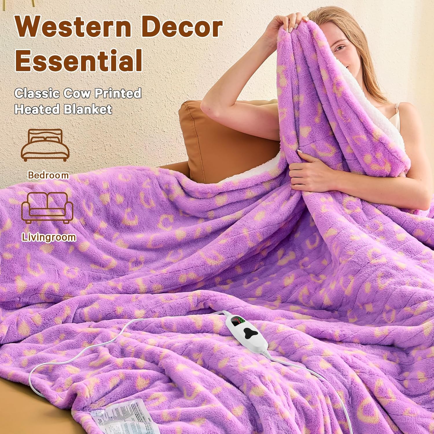 Leopard Print Heated Electric Blanket Full Size,72X84 Purple Heating Blanket with 10 Heats Levels & 8 Hours Auto Off,Cute Fleece Sherpa Blankets Warmer Gifts for Women Adults,Washable