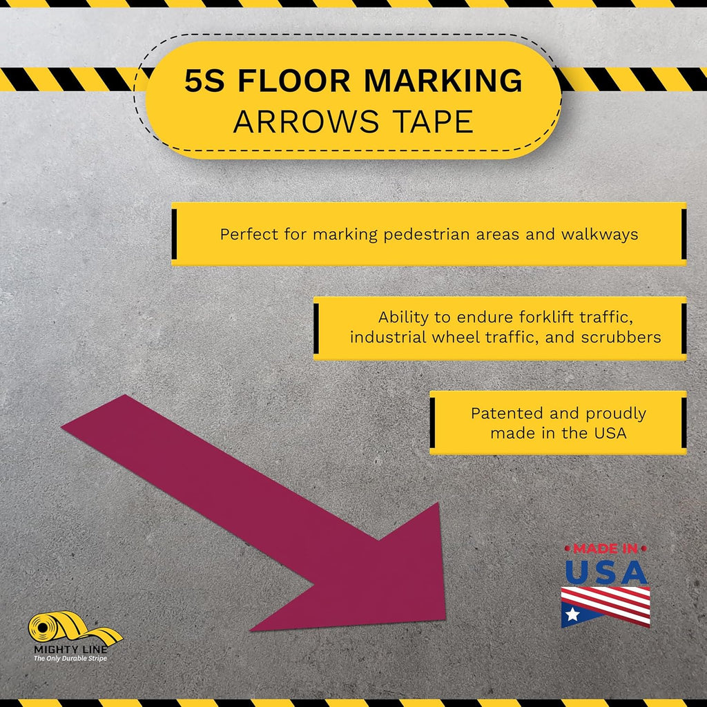 Mighty Line Solid Arrows Directional Sticker Sign Floor Marking Tape for Safety, Caution, Warning, Heavy-Duty, Peel and Stick, Adhesive, Industrial Quality, Purple, 10" by 6", Pack of 50