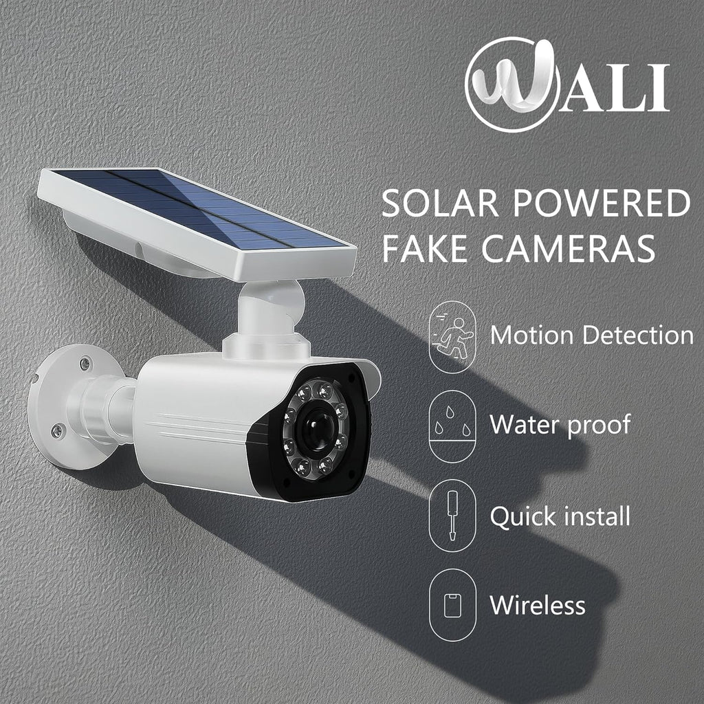 WALI Dummy Fake Camera, Security Camera with Motion Sensor Flood Light, Simulated Surveillance Security CCTV Dome Camera Indoor Outdoor (TCW2-SOL), 2 Packs, White-Solar